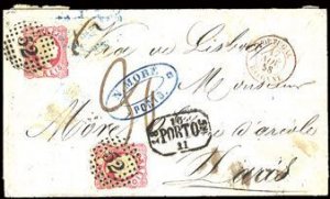 Portugal #11, 1858 FL from Porto to Paris, franked with 2x25r red, both canc....