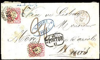 Portugal #11, 1858 FL from Porto to Paris, franked with 2x25r red, both canc....