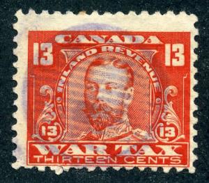 van Dam FWT14 - 13c vermillion - Used - 1915 George V War Tax, Canada Revenue