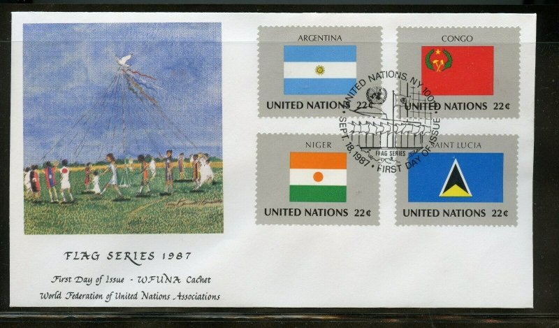 UN 1987 FLAGS WFUNA CACHET BY TONY BENNETT SET ON 4 FIRST DAY COVERS 