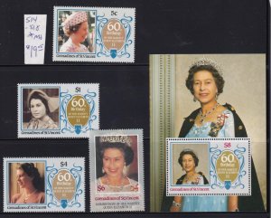 ST VINCENT 514-518 VF-MNH QE11 60th B/DAY SET & S/SHEET MAY SHE REST IN PEACE