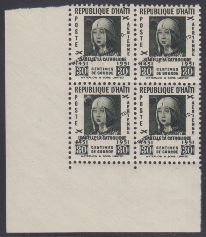 HAITI 1951 QUEEN ISABELLA I Sc C56 TOP VALUE CR MGNL BLOCKx4 PERF PROOF SPECIMEN