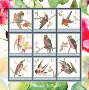 BEQUIA 2014 - BIRDS OF THE WORLD SHEET OF 9 STAMPS MNH