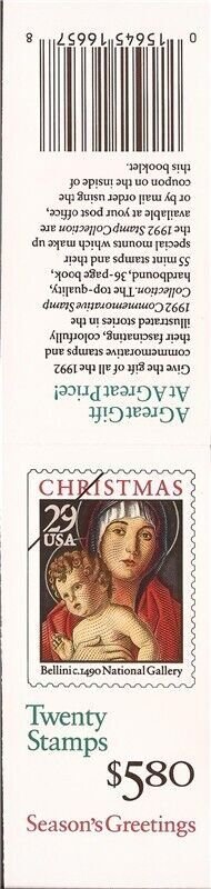 US Stamp 1992 29c Christmas Madonna Booklet Pane of 20 Stamps #BK202A