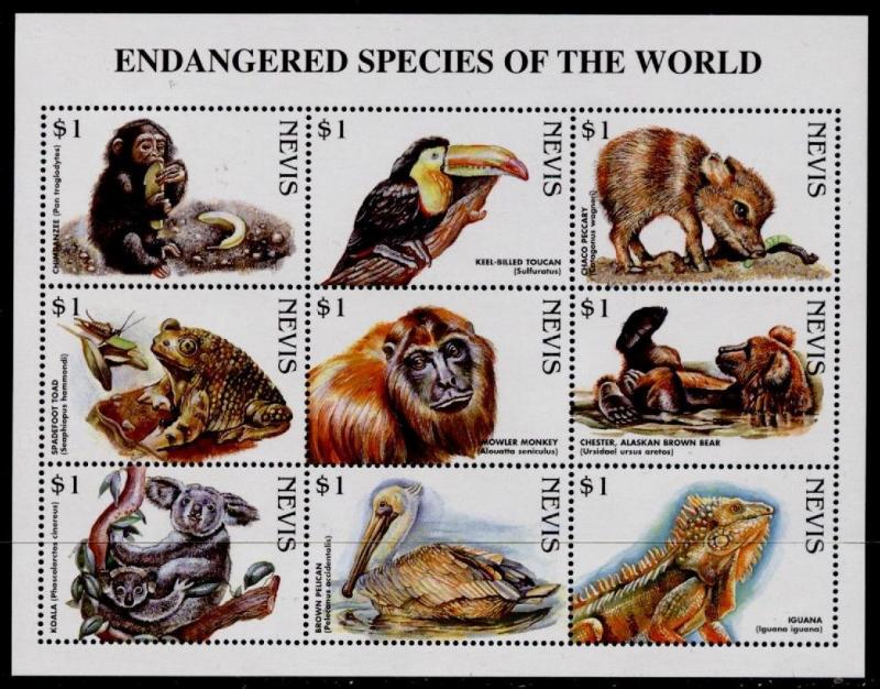 Nevis 1073 MNH Endangered Species, Birds, Animals, Reptiles, Monkey