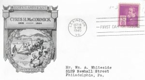 1940 FDC, #891, 3c Cyrus H. McCormick, Historic Art