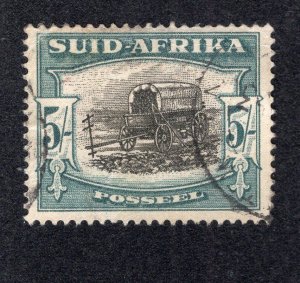 South Africa 1944 5sh blue green & black, Type I, Scott 64Ce used, value = 45c