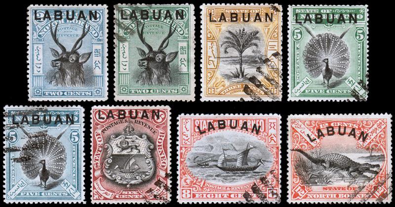 Labuan Scott 73c, 74, 75b, 76-78, 79b,80 (1897-1900) Used/Mint H F-VF, CV $32.50