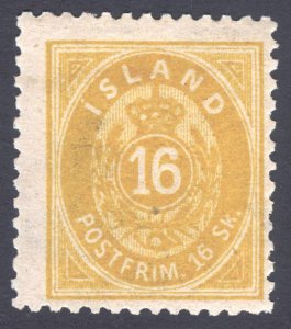 Iceland 1873 16sk Yellow Numeral Wmk Crown P 12.5 Scott 7 MLH Cat $140