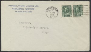 1914 #125 1c Admiral Coil Pair Local Letter Rate Cover Edmonton Grocer Receipt