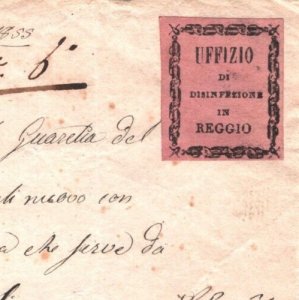ROMAGNA Italy States Document RARE DISINFECTED LABEL Reggio LAZARETTO 1855 MA972
