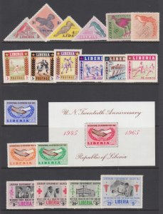 Liberia Sc 341/C99 MNH. 1953-65 issues, 6 complete sets, fresh, bright, VF.