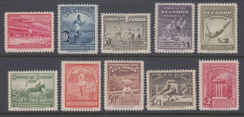 Ecuador 1939 Bolivarian Games Complete Set + Airmails Mint. Scott 377-81, C65-69