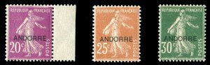 Andorra (French) #7-9 (YT 8-10) Cat€64.50, 1931 20c, 25c and 30c, never hinged