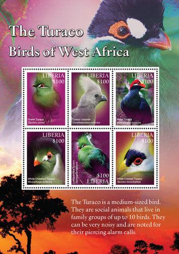 Liberia 2016 - West Africa (Turaco) Birds on Stamps - Sheet of 6 MNH 