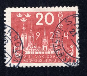 Sweden 1924 20o rose red UPU Issue, Scott 200 used, value = $21.00