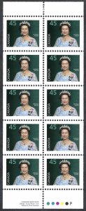 Canada #1360ix 45¢ Queen Elizabeth II (1995). Pane of 10 stamps. MNH