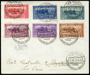 Egypt #108-113, 1926 Agricultural Exhibition, set of six on cover, tied by Ex...