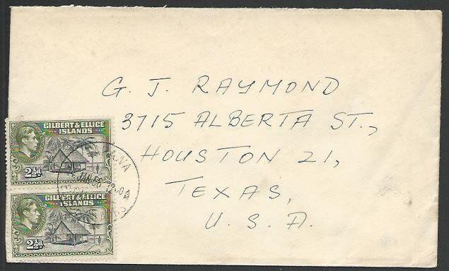 GILBERT & ELLICE IS 1956 GVI 2½d(2) on cover TARAWA to USA.................11063