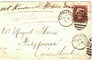 GB WALES Cover Not Known *Pantyffynnon*? Carmarthenshire 1d Red 1874 89.11 