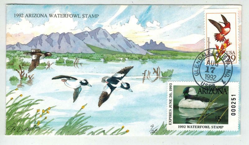 ARIZONA STATE DUCK STAMP HANDPAINTED FDC 1992 $5.50 High Value Waterfowl