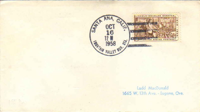 United States California Fountain Valley Br. Santa Ana 1958 4-bar  Philatelic.