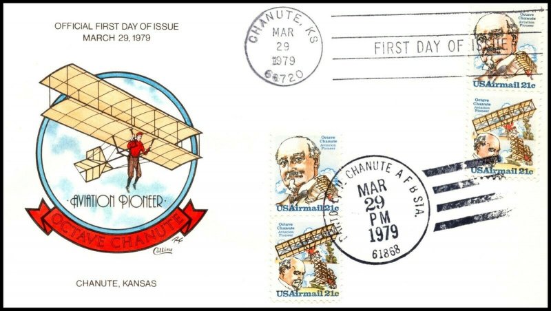 Scott C94a 21 Cents Octave Chanute Collins Hand Painted FDC