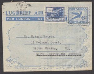 SOUTH AFRICA 1951 uprated 6d aerogramme used to USA ........................T367