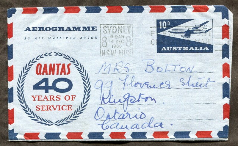 p163 - AUSTRALIA 1960 Aerogramme Cover to CANADA. 40 years of Quantas Airlines