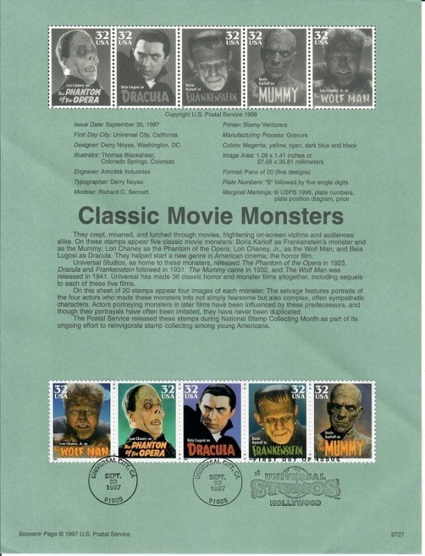 US SP1250 Movie Monsters Souvenir Page #3172a