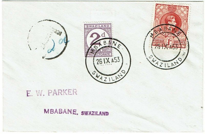 Swaziland 1953 Mbabane cancel on local cover, 2d postage due, SG D2, 1140 pounds