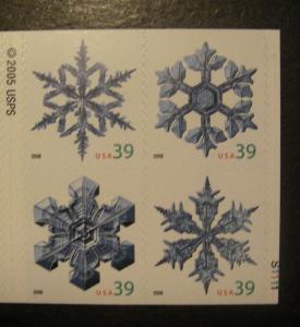 Scott 4108a, 39c Snowflakes, block of 4 from booklet, MNH Beauties
