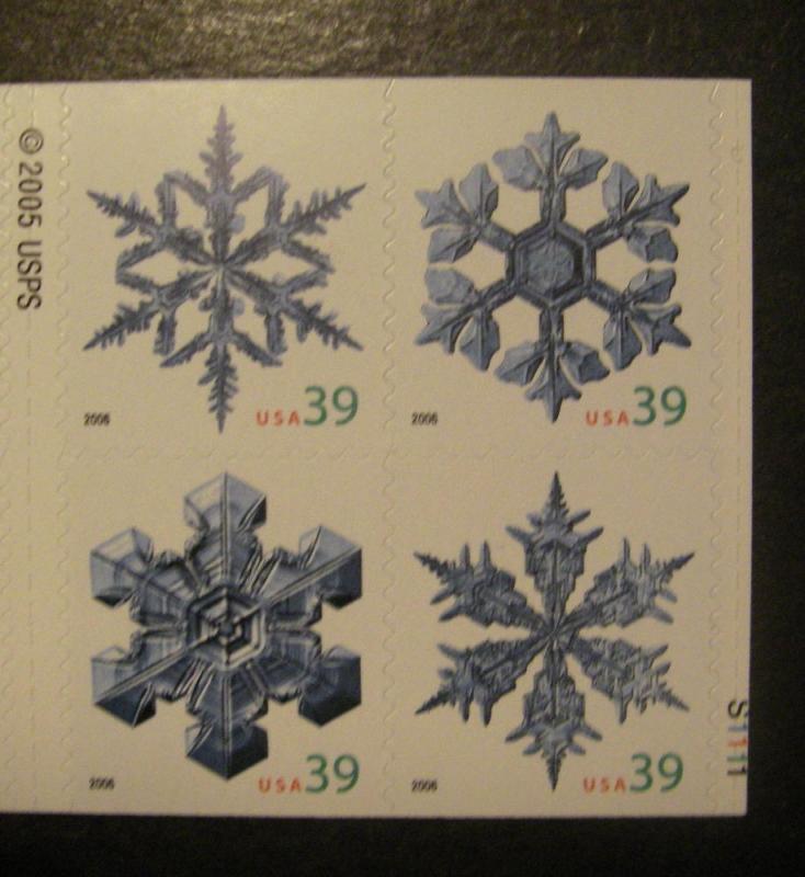 Scott 4108a, 39c Snowflakes, block of 4 from booklet, MNH Beauties