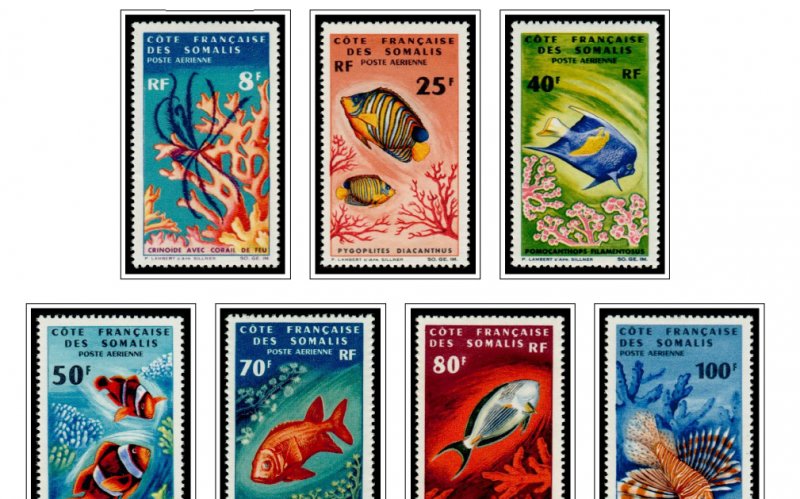 COLOR PRINTED SOMALI COAST 1894-1966 STAMP ALBUM PAGES (40 illustrated pages)