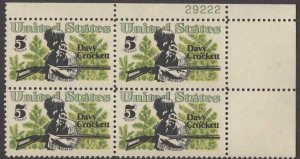 1967 Davy Crockett Plate Block of 4 5c Postage Stamps, Sc# 1330, MNH, OG