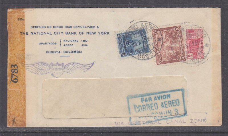 COLOMBIA, 1943 Airmail Censored cover, Bogota to USA, 1/2c., 5c. & 30c.