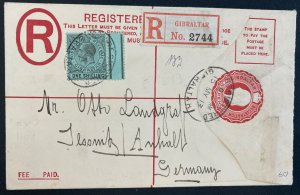 1913 Gibraltar Postal Stationery Registered Cover To Jessnitz Germany Sc#71