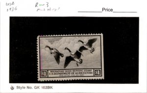 United States Postage Stamp, #RW3 Mint Hinged, 1936 Duck Hunting (AB)