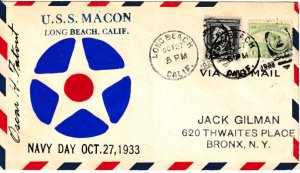 Signed Fatout Hand Painted Cachet USS Macon Airship #712 #728 Navy Day 1933