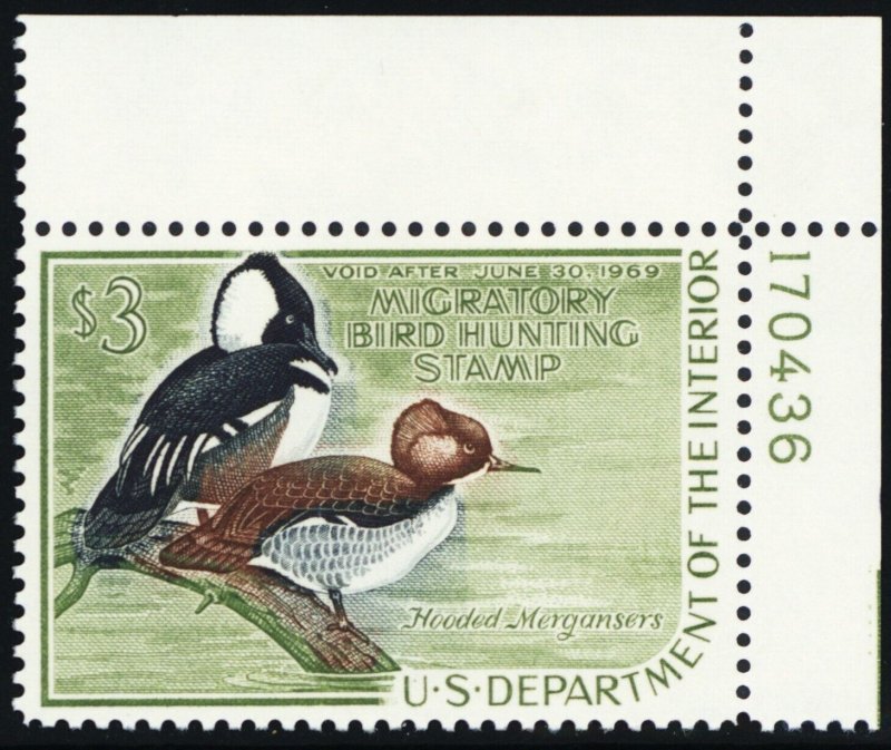 RW35, Mint XF NH $3 Federal Duck Stamp With PL# - Stuart Katz