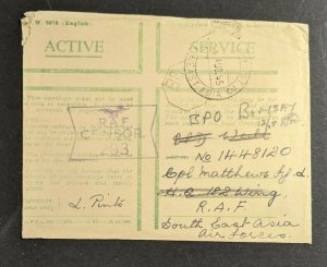1945 India Soldier's Free Mail RAF Post 3 RAF 182 Forwarded Bombay Censor Cover