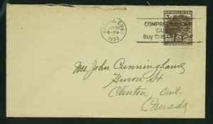 Cuba 1933 Cover Havana to Ontario franked Scott 312 with Slogan Postmark