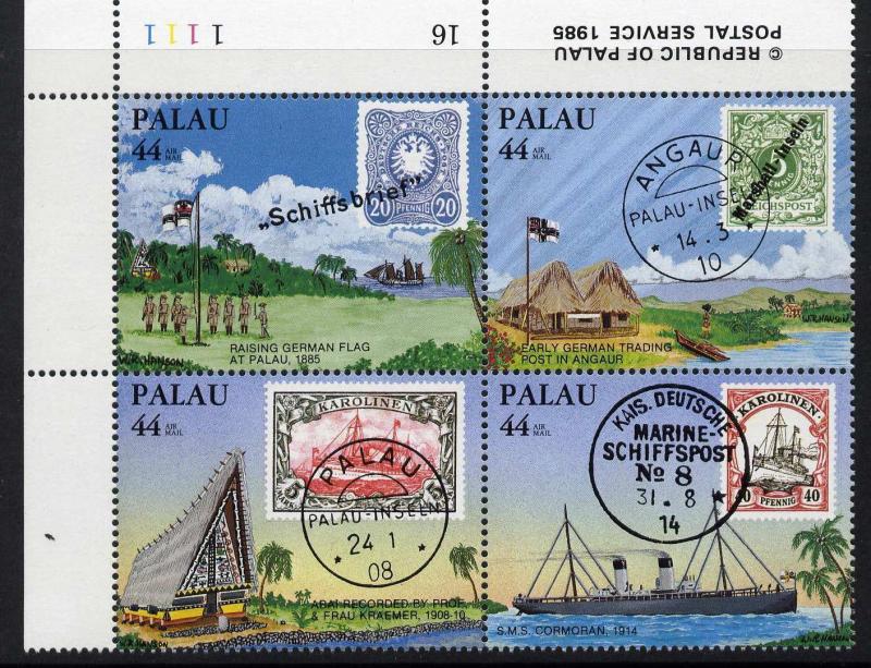 Palau C9a TL Plate Block MNH Stamp on Stamp, Ship, Architecture, Flag