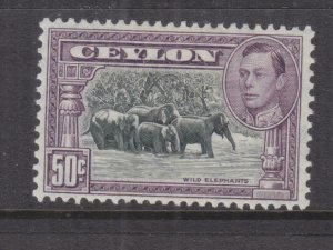 CEYLON, 1942 KGVI, perf. 11 1/2 x 11, 50c. Elephants, lhm.