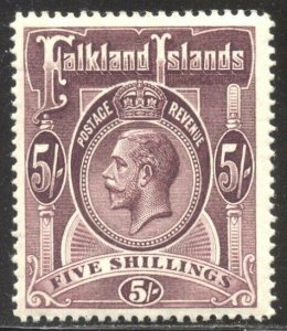 FALKLAND IS. #38 Mint NH - 1914 5sh Plum, Wmk Mult Crown CA