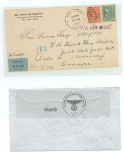 US 815/825 1940 a 10c Tyler + 20c Garfield (prexies) paid the 30c per half ounce airmail rate to Europe on this April 15,1940 co