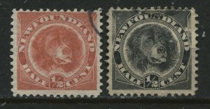 Newfoundland 1896 1/2 cent red orange and 1894 1/2 cent black both used