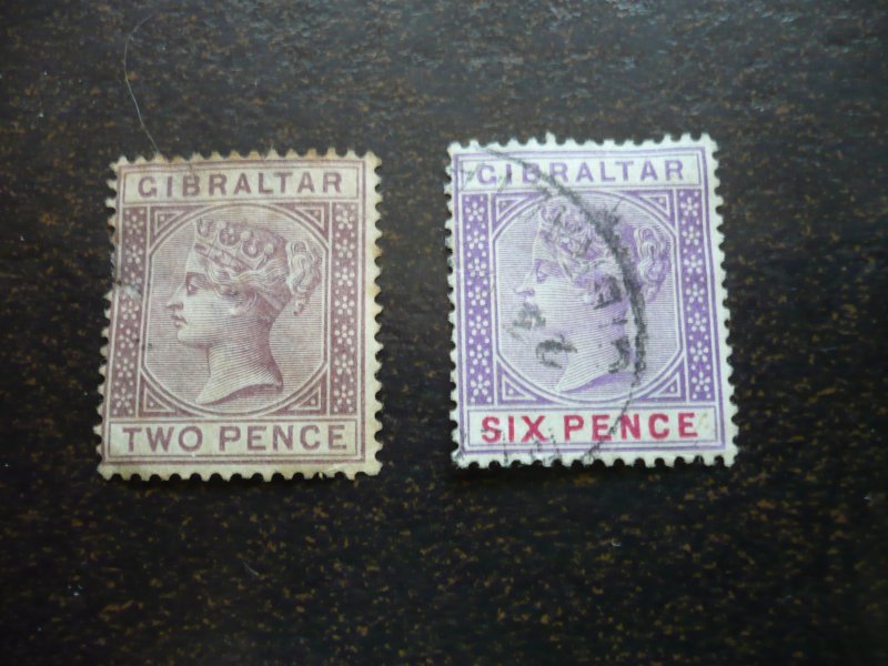 Stamps - Gibraltar - Scott# 12, 19 - Used Partial Set of 2 Stamps