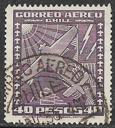 CHILE 1934-39 40p Airplane and Symbols of Space Wmkd. Airmail Sc C49 VFU