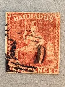 Barbados 8 / 1859 6p Rose Red Britannia Stamp / Imperf / Used